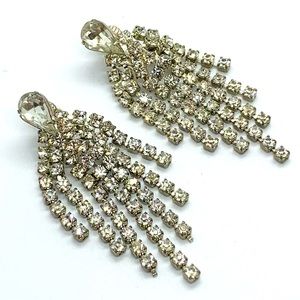 VINTAGE ART DECO EARRINGS CLEAR GLASS FRINGE STATEMENT TASSEL CLIP SILVER TONE